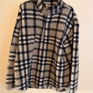 Koolaburra Black and Cream Plaid Sherpa Zip-Up Sweater